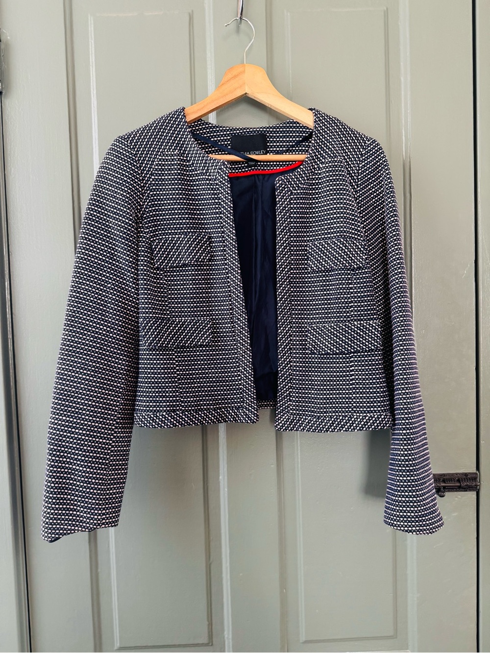 Cynthia Rowley Navy & White Textured Tweed Cropped Jacket